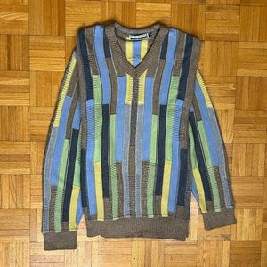 Misani Italia Vintage Large Vertical Striped Wool/Acrylic V-Neck Sweater
